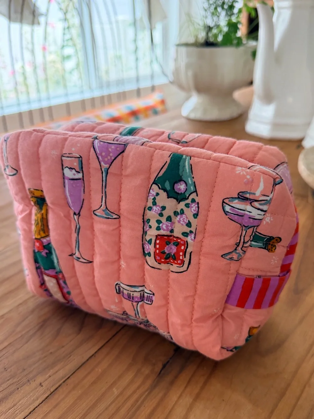 Quilted Pink Champagne Print Cosmetic Pouch